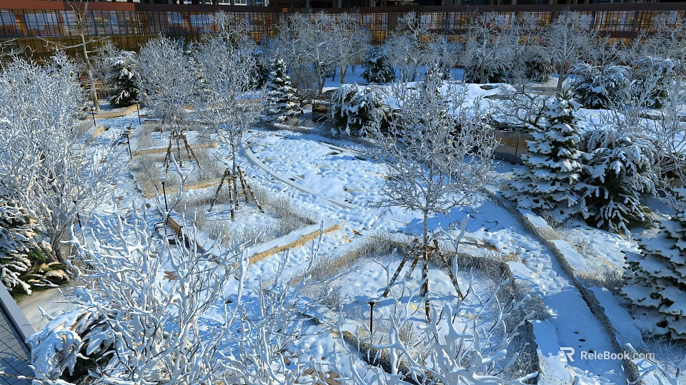 Snow Covered Garden Landscape With Trees And Snow 3d model