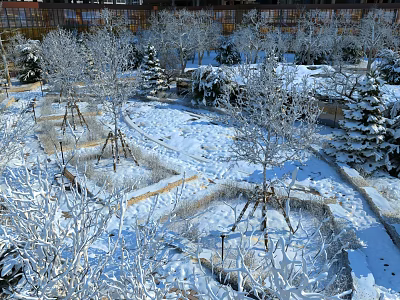 Snow Covered Garden Landscape With Trees And Snow 3d model