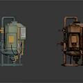 Various Industrial Mechanical Pumps With Pipeline Connections And Different Colors