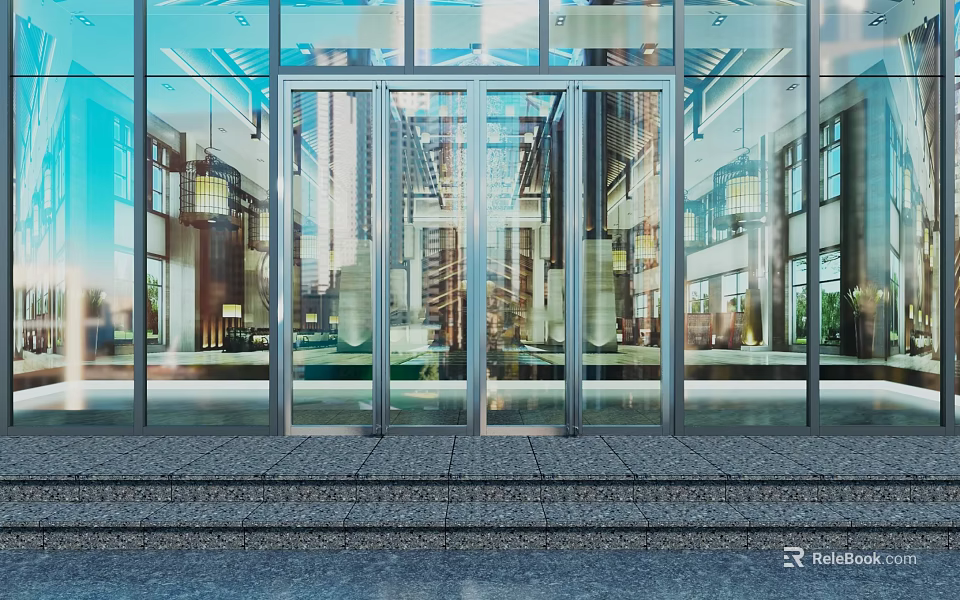 Modern Glass Entrance Door With Metal Frame And Stone Steps In Building 3d model 