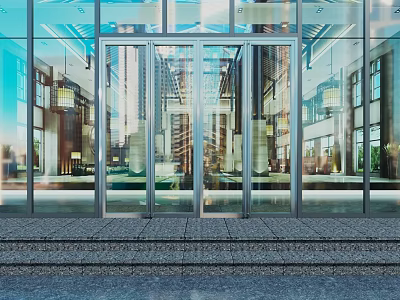 Modern Glass Entrance Door With Metal Frame And Stone Steps In Building 3d model