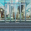Modern Glass Entrance Door With Metal Frame And Stone Steps In Building