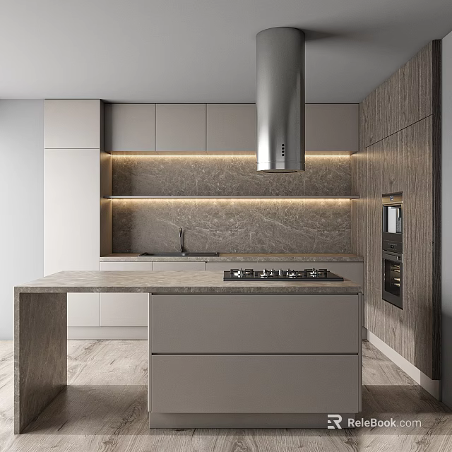 Modern Kitchen Interior With Marble Backsplash Island Countertop And Range Hood 3d model