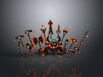 Flaming Black Weapons With Axe Shapes Surround Blue Eyed Mechanical Core 3d model