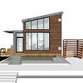Modern Guesthouse Building With Wooden Exterior Large Glass Windows And Terrace