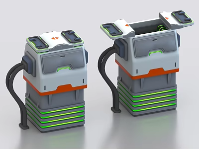 Industrial Equipment With Stacked Structure Green Stripes Orange Accents And Black Hoses 3d model