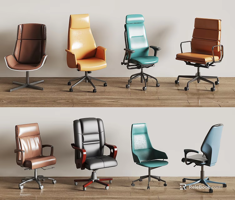 Collection of Stylish Office Chairs in Various Colors with Leather Upholstery and Swivel Bases 3d model 