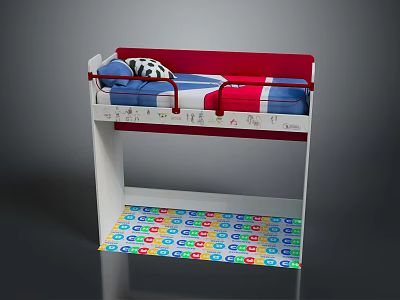 Children's Bunk Bed With Red Blue Mattress Black White Polka Dot Pillow Colorful Floor Mat 3d model