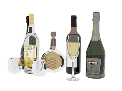 Collection of Various Wine Bottles and Glasses with Martini Label 3d model