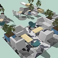 Modern Outdoor Table and Chair Set with Blue Chairs Light Tables and Green Plants