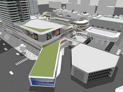 Modern Commercial Street With Green Roof Buildings And Pedestrian Plaza 3d model