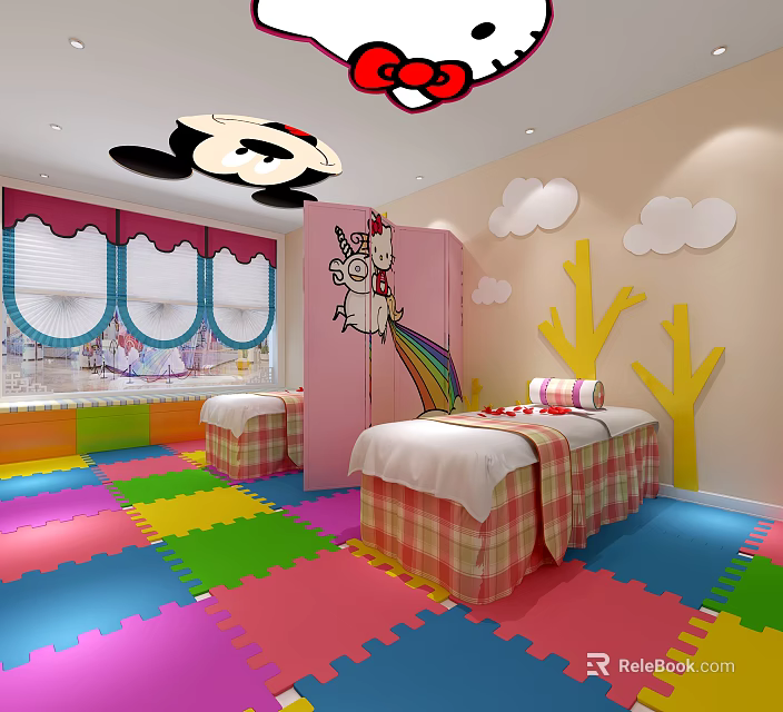 Vibrant Children's SPA Room With Colorful Play Mat Floor Cartoon Decorations Beds And Curtains 3d model 