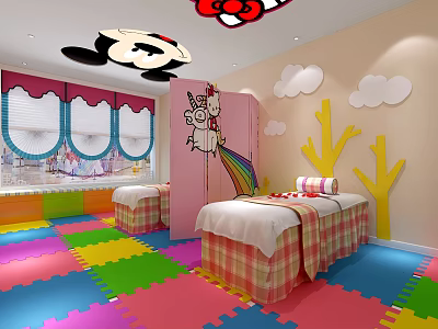Vibrant Children's SPA Room With Colorful Play Mat Floor Cartoon Decorations Beds And Curtains 3d model