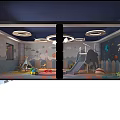 Kids Playroom Interior With Elephant Slide Colorful Circular Flooring And Round Pendant Lights