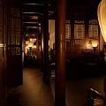 Chinese Style Reception Room With Wooden Furniture Carved Doors And Windows Lanterns Columns And Sunlight