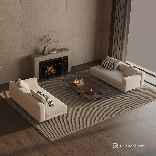Minimalist Modern Living Room Sofa And Coffee Table Set With Beige Sofas Wooden Table Fireplace 3d model 