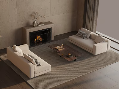Minimalist Modern Living Room Sofa And Coffee Table Set With Beige Sofas Wooden Table Fireplace 3d model
