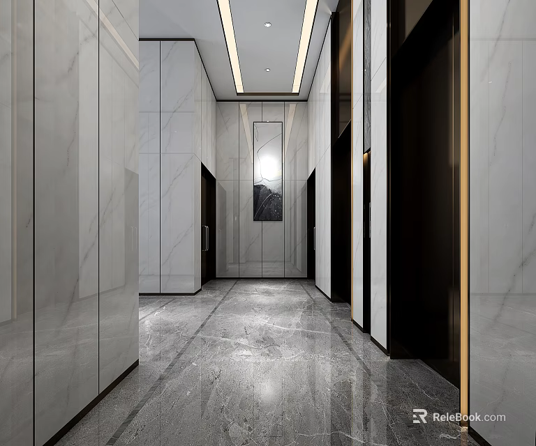 Sleek Modern Elevator Lobby With Marble Walls Flooring And Recessed Lighting 3d model