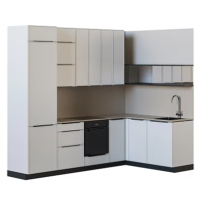 Modern Minimalist Kitchen Interior With White Cabinets Black Dishwasher Sink And Faucet 3d model
