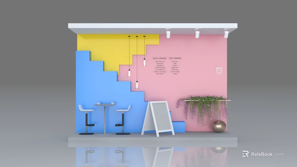 Colorful Window Display With Staircase Design Yellow Pendant Lights Bar Stools Signboard And Green Plants 3d model 