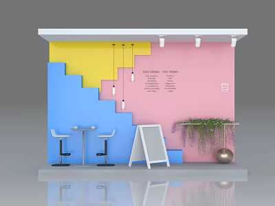 Colorful Window Display With Staircase Design Yellow Pendant Lights Bar Stools Signboard And Green Plants 3d model