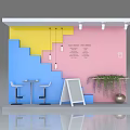 Colorful Window Display With Staircase Design Yellow Pendant Lights Bar Stools Signboard And Green Plants
