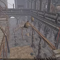 Medieval Interior Scene with Wooden Structures Stone Arches Multi Level Platforms Ropes and Hanging Buckets