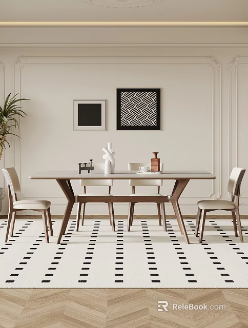 Elegant Dining Table Set With Chairs Decorative Artworks Green Plant On Black White Checkered Floor 3d model 