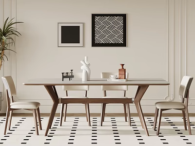 Elegant Dining Table Set With Chairs Decorative Artworks Green Plant On Black White Checkered Floor 3d model