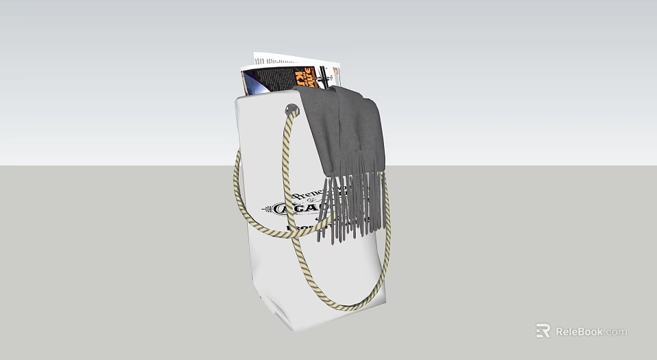 White Canvas Bag With Rope Handles And Gray Scarf Inside Stylish Design 3d model 