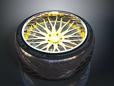 Stylish Car Parts With Gold Wheel Rim And High Performance Tire 3d model