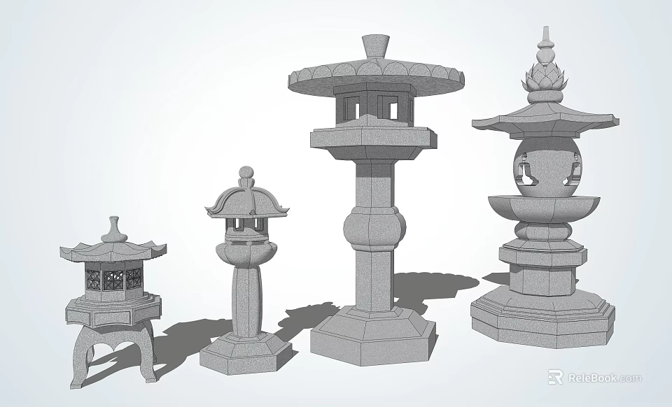 Traditional Japanese Style Stone Outdoor Lanterns With Various Designs For Garden Decoration 3d model 