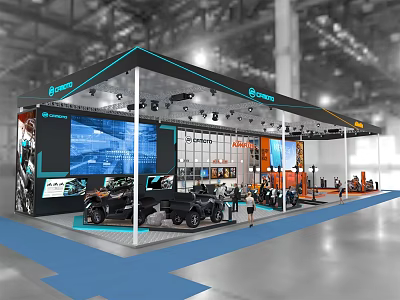 Segway Exhibition Booth In Indoor Hall With Large Screens And Displayed Vehicles 3d model