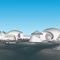Unique White Dome Shaped Boutique Hotel Building With Water Area Sandy Ground And Umbrellas