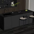 Modern Black Bar Counter With Sink Faucet Rattan Stools And Dark Cabinets