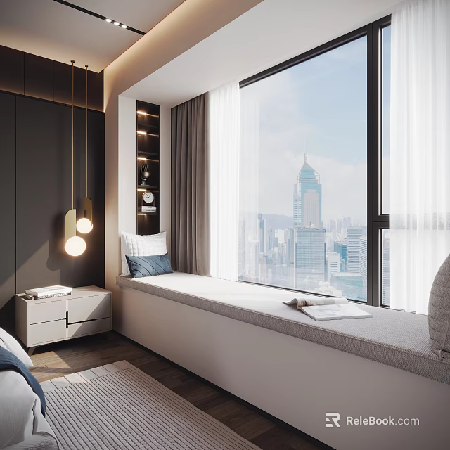 Modern Bedroom With Bay Window And City View 3d model