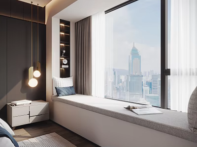 Modern Bedroom With Bay Window And City View 3d model