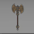 Ornate Double Bladed Axe Weapon With Golden Patterns Blue Gemstone And Brown Handle