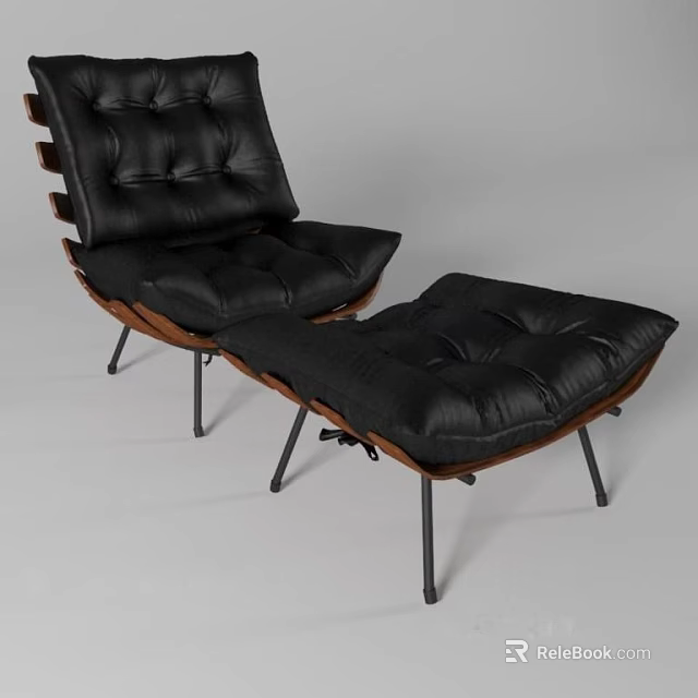 Black Leather Single Seater Sofa With Wooden Accents Metal Legs And Matching Ottoman 3d model 