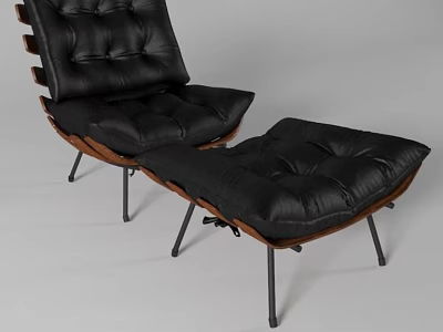 Black Leather Single Seater Sofa With Wooden Accents Metal Legs And Matching Ottoman 3d model