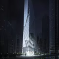 Modern High Rise Office Building Featuring Glass Curtain Wall In Night View