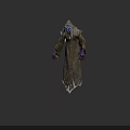 Mysterious Hooded Undead Sorcerer With Glowing Blue Eyes And Purple Hands In Tattered Robe