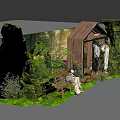 Lush Living Plant Wall with Wooden Cabin and Greenery in Natural Garden Setting
