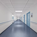 Hospital Outpatient Clinic Hallway Featuring Reception Desk Blue Doors Light Wooden Walls And Blue Flooring