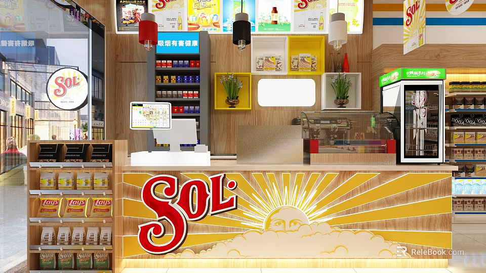 Bright Supermarket Department Store Interior With Sol Logo Checkout Counter And Product Shelves 3d model 