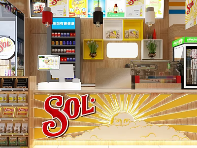Bright Supermarket Department Store Interior With Sol Logo Checkout Counter And Product Shelves 3d model