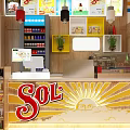 Bright Supermarket Department Store Interior With Sol Logo Checkout Counter And Product Shelves