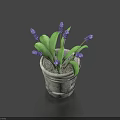 Decorative Bonsai Potted Plant with Purple Flowers Green Leaves in Gray Clay Pot