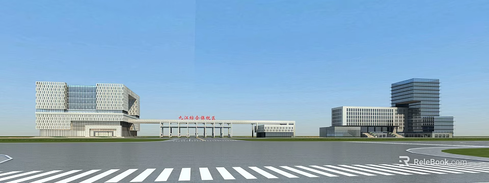 Modern Office Building In Jiujiang Comprehensive Bonded Zone With Open Square And Blue Sky 3d model 