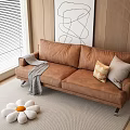 Two Seater Brown Leather Sofa With Decorative Pillows Throw Blanket On Soft Rug By Window